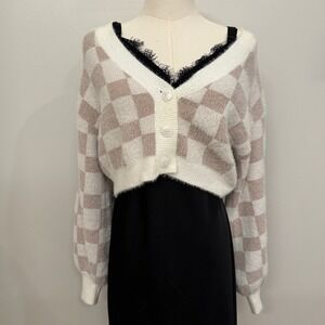Altar State Checkerboard Fuzzy Cropped Cardigan Sweater‎ Medium Balloon Sleeve